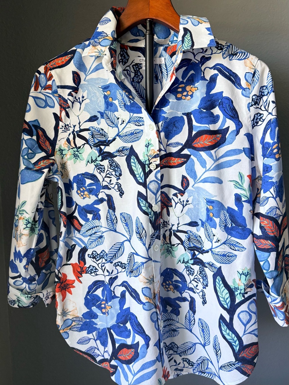 Chico's White Button-Down Shirt with Blue Floral & Coral Leaf Print
